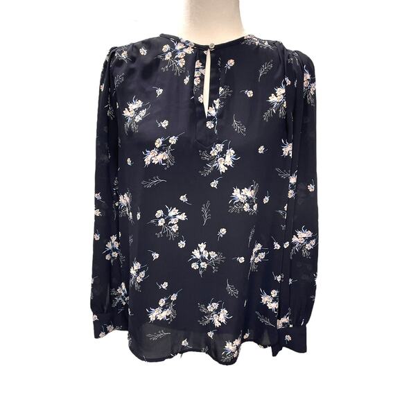 LOFT Navy Floral Cottage Long Sleeve Blouse Top Sheer XS - Picture 1 of 6